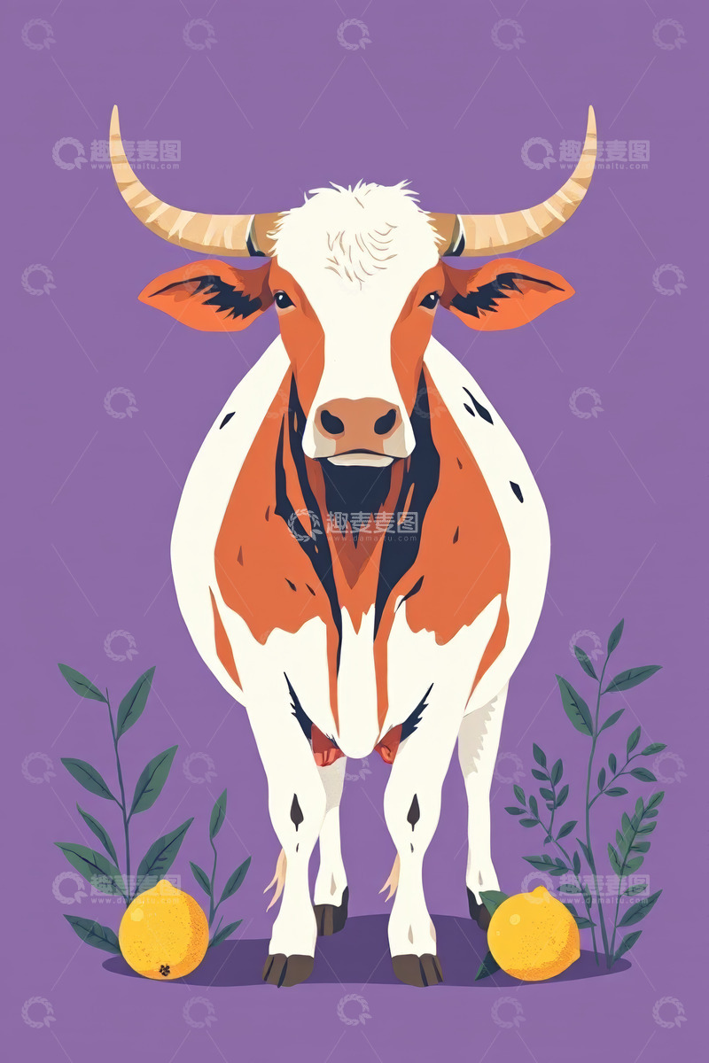 高清大图下载【趣麦麦图】紫色背景上的牛插画素材