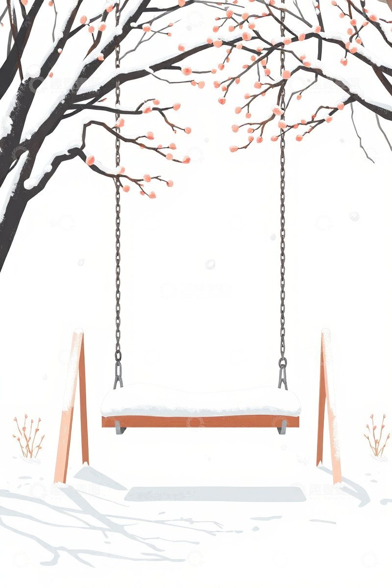高清大图下载【趣麦麦图】雪地中带积雪的秋千插画