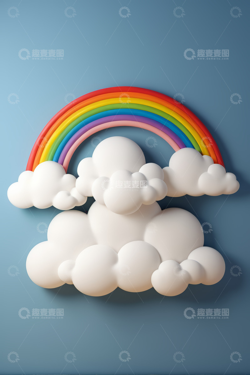 高清大图下载【趣麦麦图】蓝色背景彩虹与云朵素材