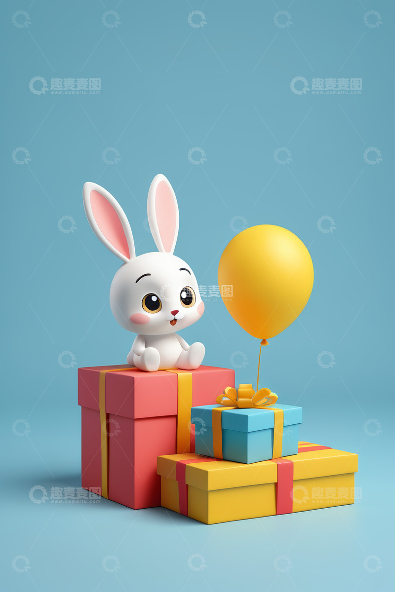高清大图下载【趣麦麦图】可爱白兔坐于礼物堆上