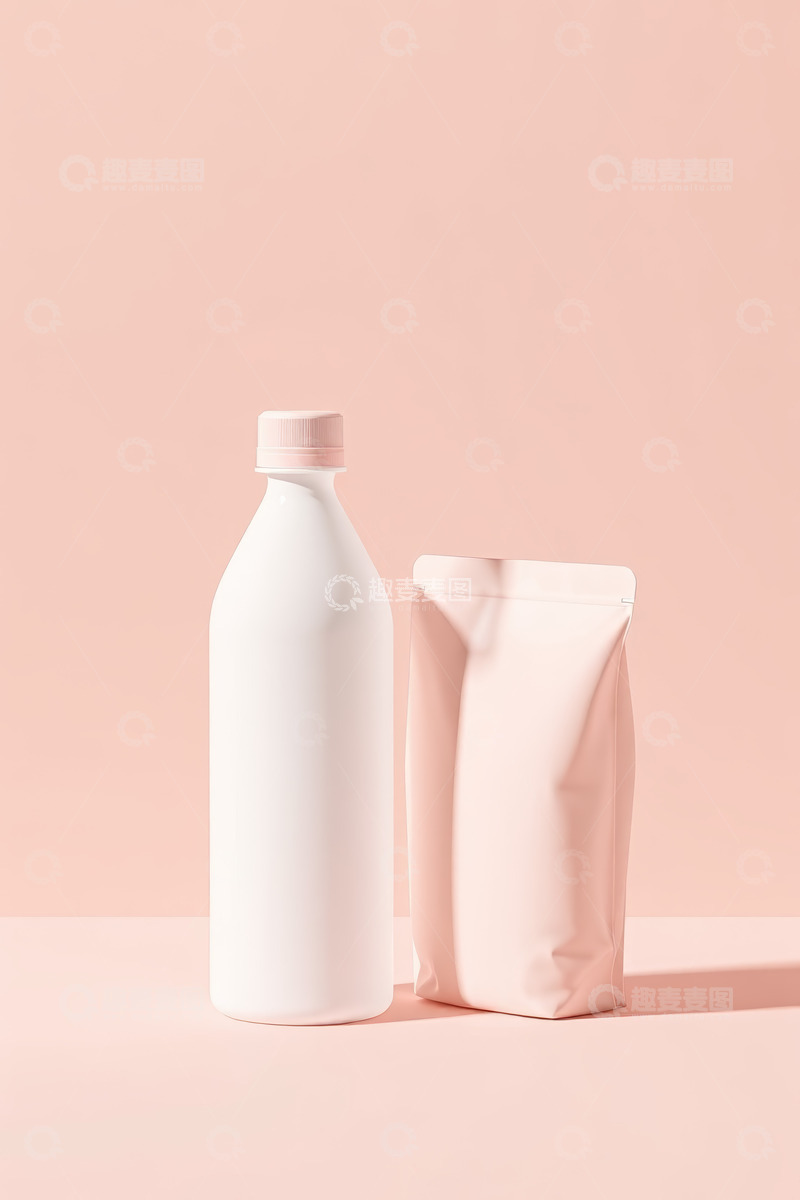 高清大图下载【趣麦麦图】粉色背景白色瓶子与包装袋