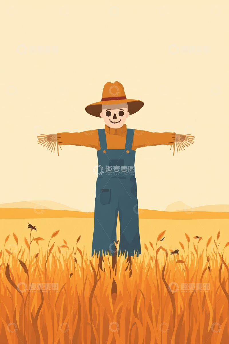 高清大图下载【趣麦麦图】田野中的稻草人插画