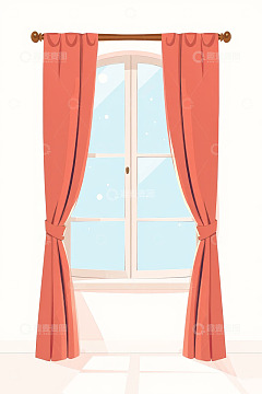 室内窗户与橙红色窗帘插画