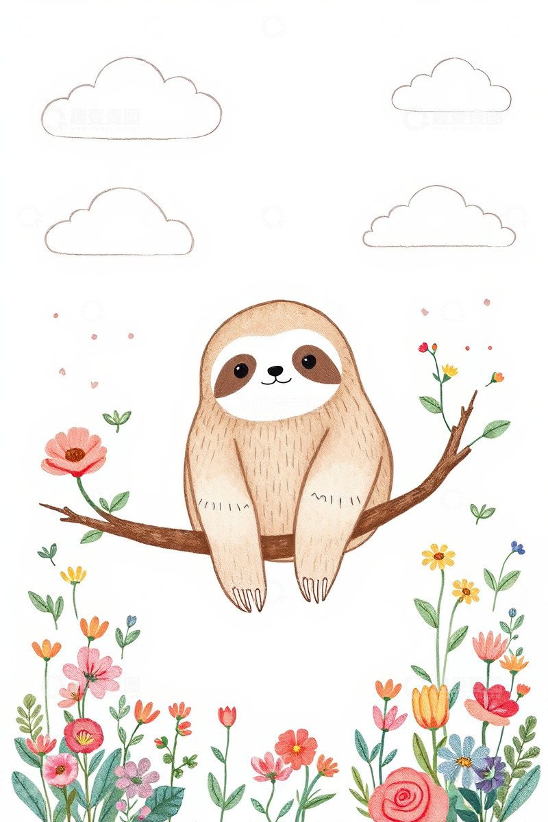 高清大图下载【趣麦麦图】卡通树懒坐枝头花卉环绕