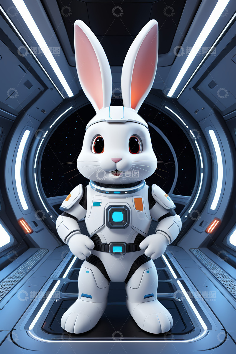 高清大图下载【趣麦麦图】宇航服兔子在太空舱内站立
