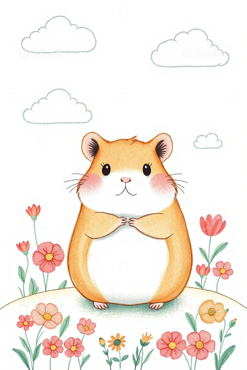 高清大图下载【趣麦麦图】可爱仓鼠站在花丛中