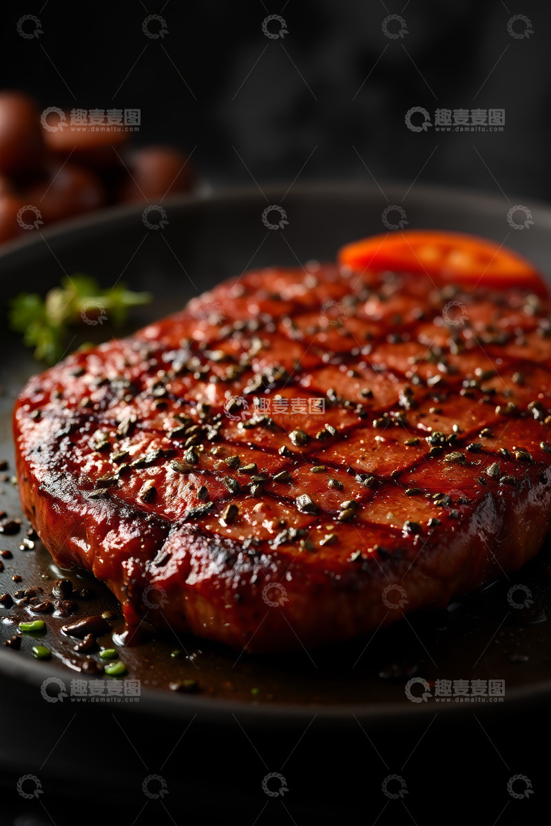 高清大图下载【趣麦麦图】黑盘上的美味牛排特写