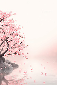 水边绽放的粉色樱花