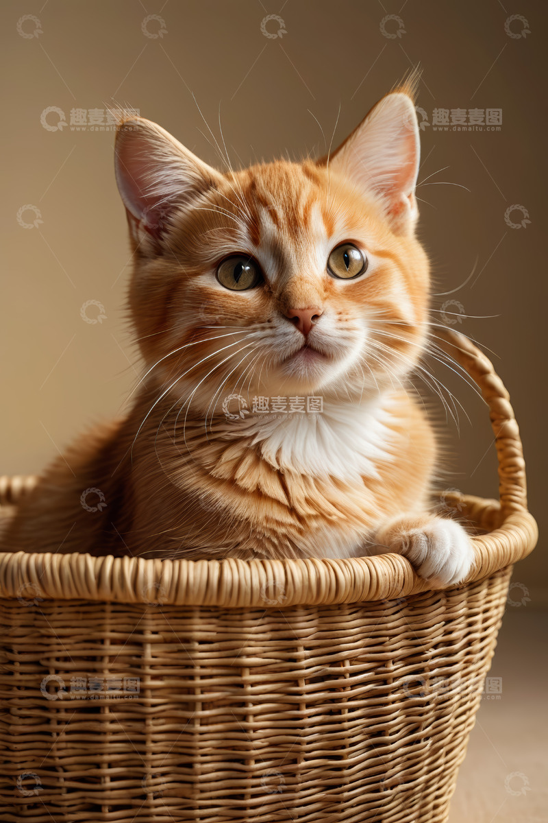 高清大图下载【趣麦麦图】橘色小猫坐于编织篮中