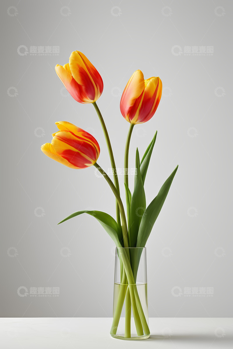 高清大图下载【趣麦麦图】透明花瓶中红黄相间郁金香