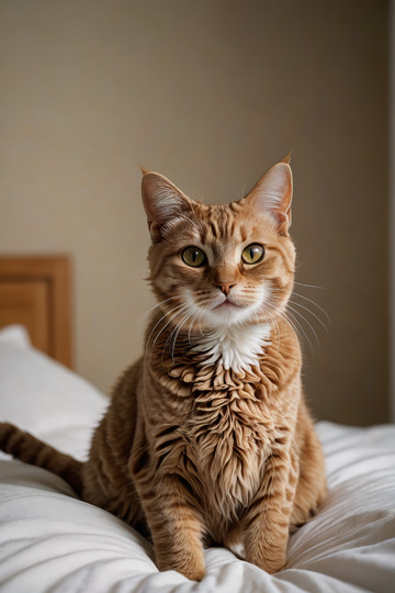 橘猫端坐床上特写