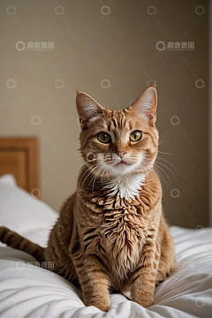 橘猫端坐床上特写