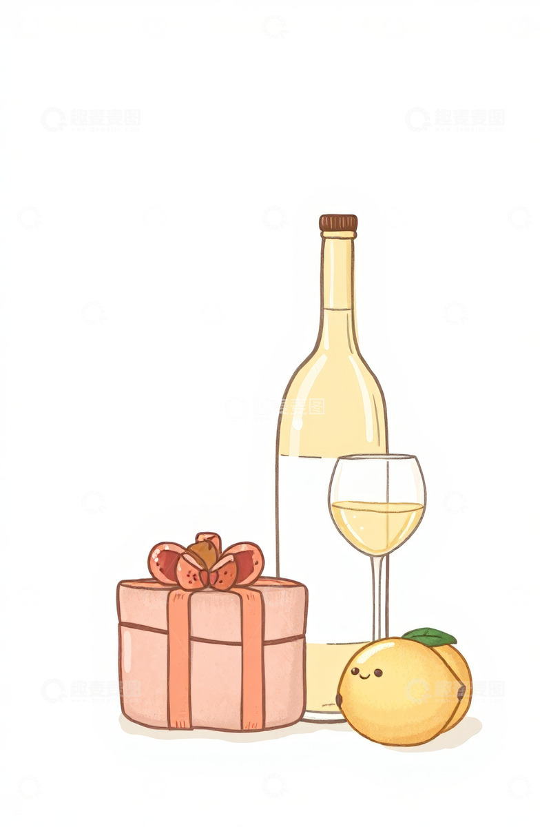 高清大图下载【趣麦麦图】葡萄酒礼品与水果插画