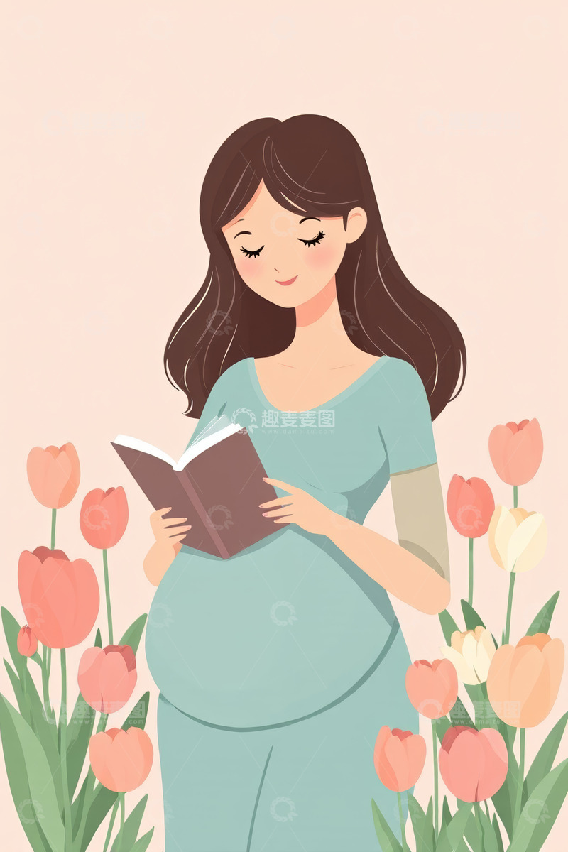 高清大图下载【趣麦麦图】孕妇阅读场景插画