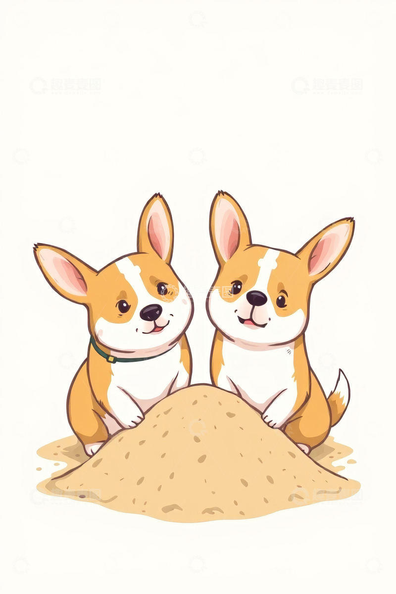 高清大图下载【趣麦麦图】两只小狗围绕沙堆的场景