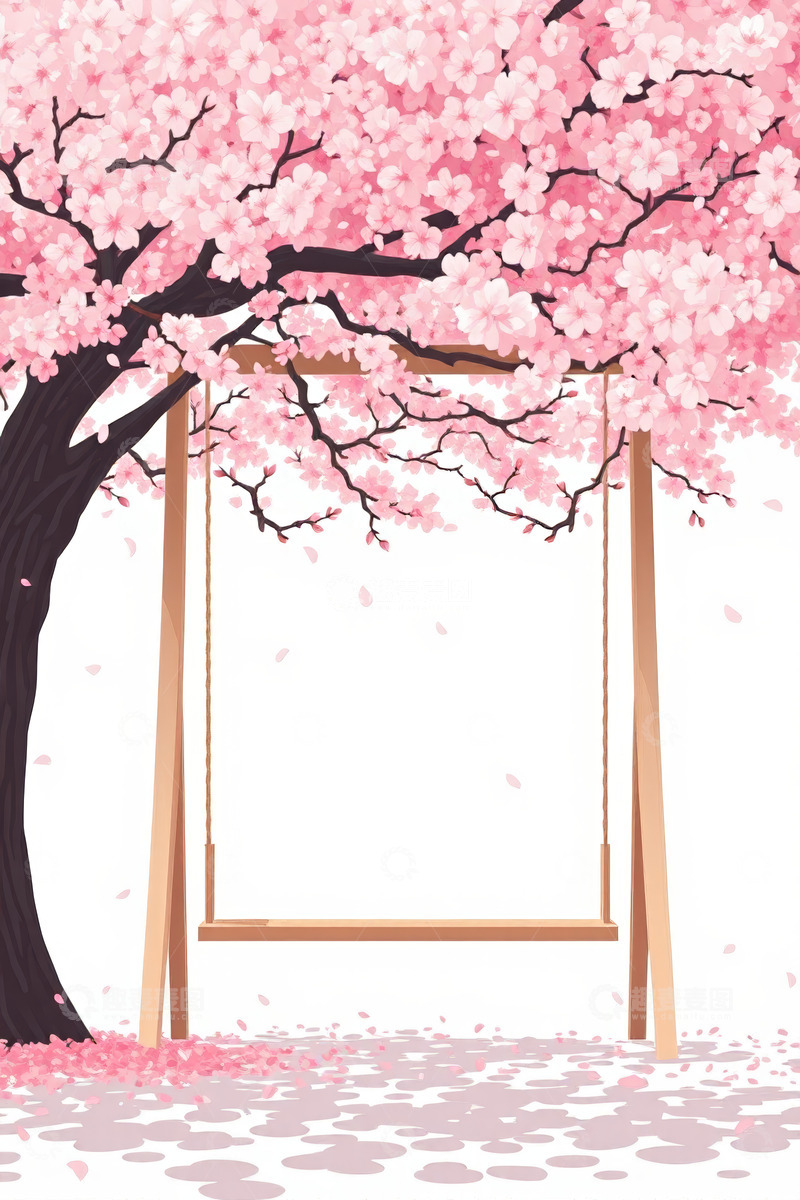 高清大图下载【趣麦麦图】樱花树下的木质秋千