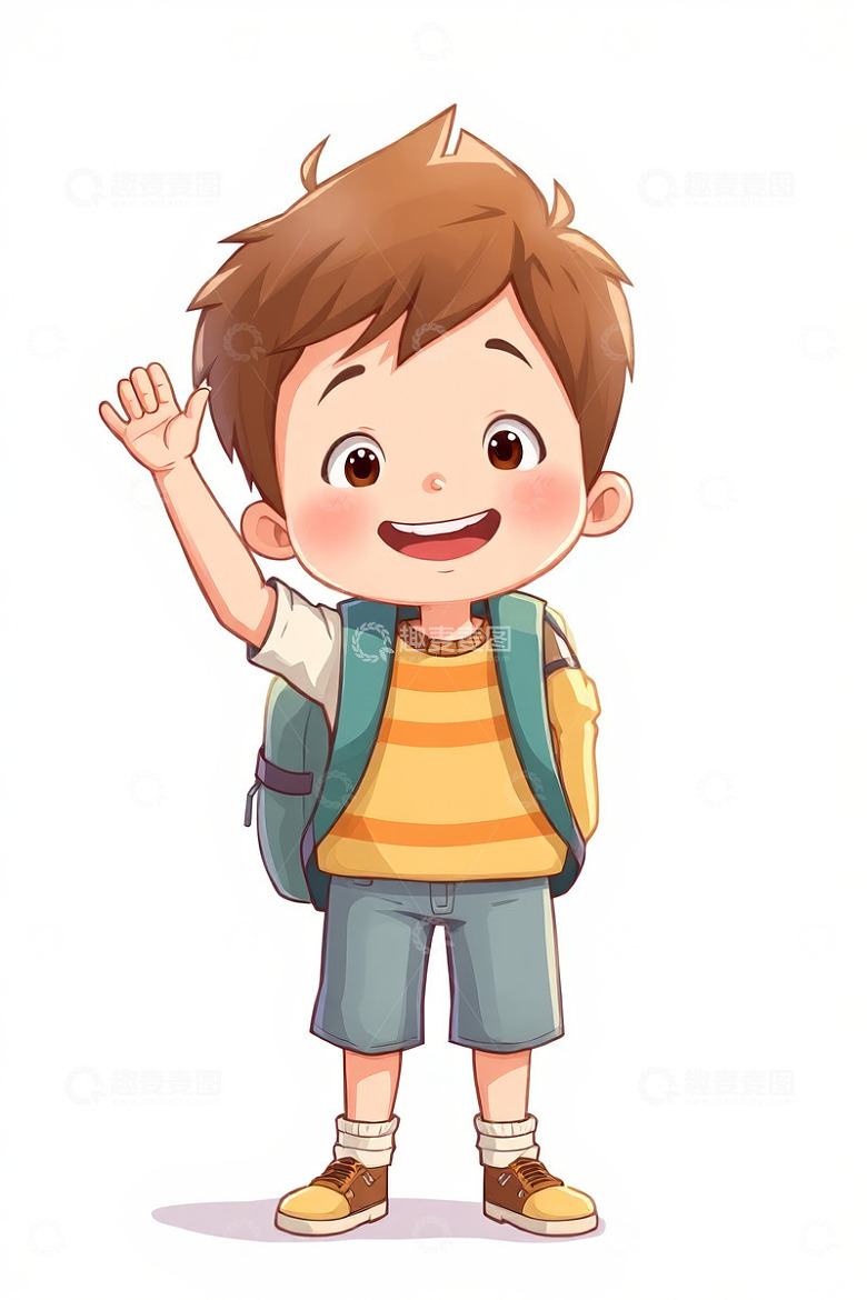 挥手小男孩背着书包插画