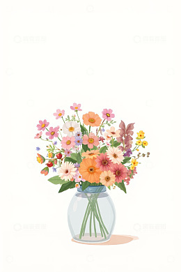 花瓶中多彩花卉插画素材
