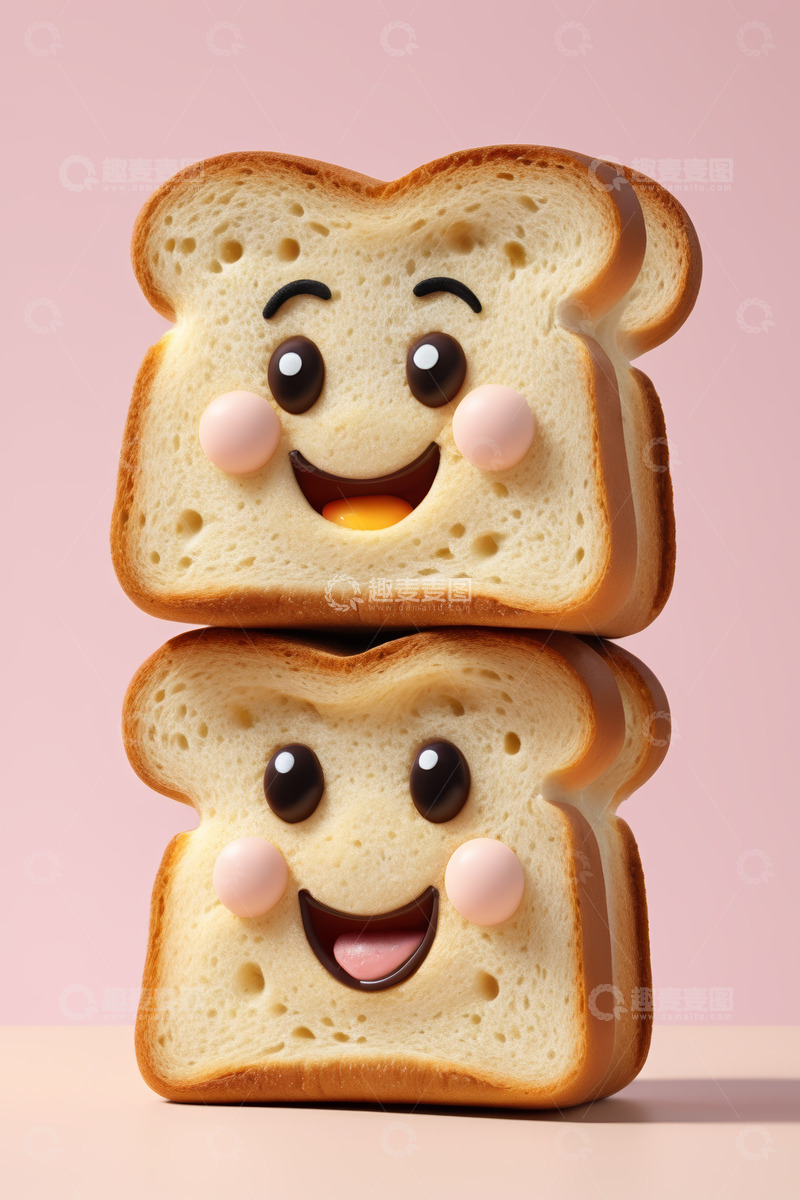 高清大图下载【趣麦麦图】带笑脸表情的两片堆叠面包