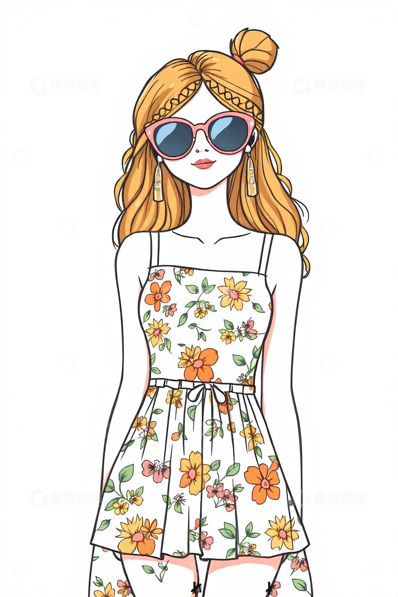 高清大图下载【趣麦麦图】戴墨镜穿碎花裙的时尚女孩