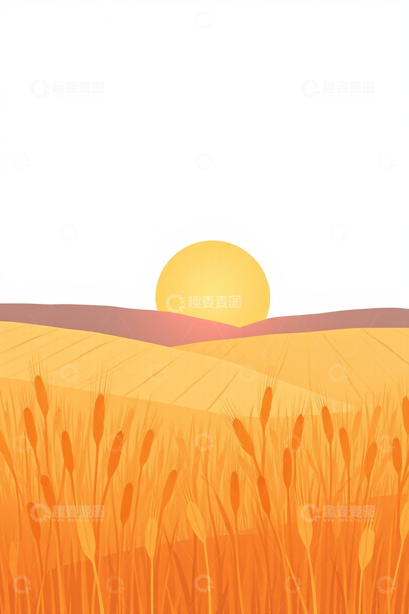 高清大图下载【趣麦麦图】麦田夕阳自然风光插画