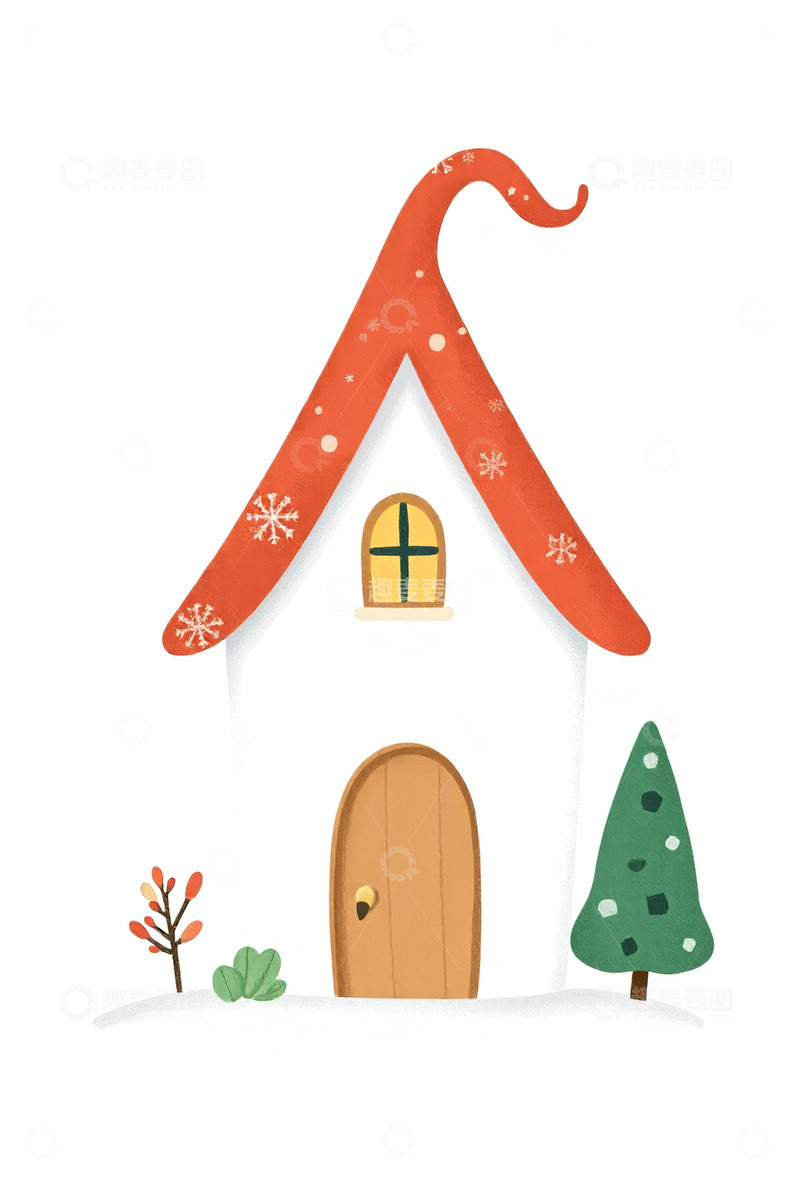 高清大图下载【趣麦麦图】冬日雪景中的卡通小屋插画