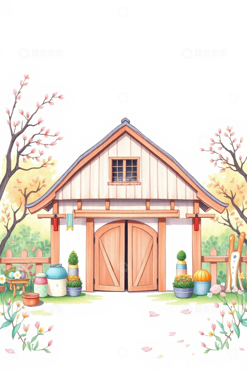 高清大图下载【趣麦麦图】卡通风格小屋庭院景观