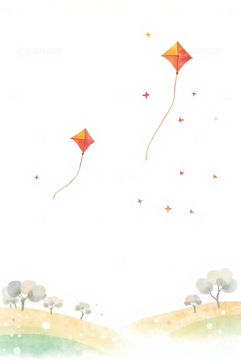 高清大图下载【趣麦麦图】手绘风格天空中飞翔的风筝