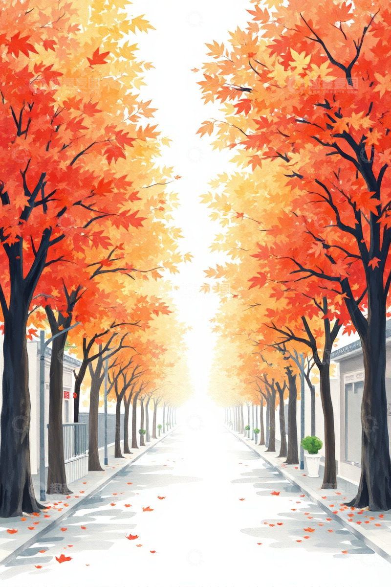 高清大图下载【趣麦麦图】秋日街道两旁的枫树风景