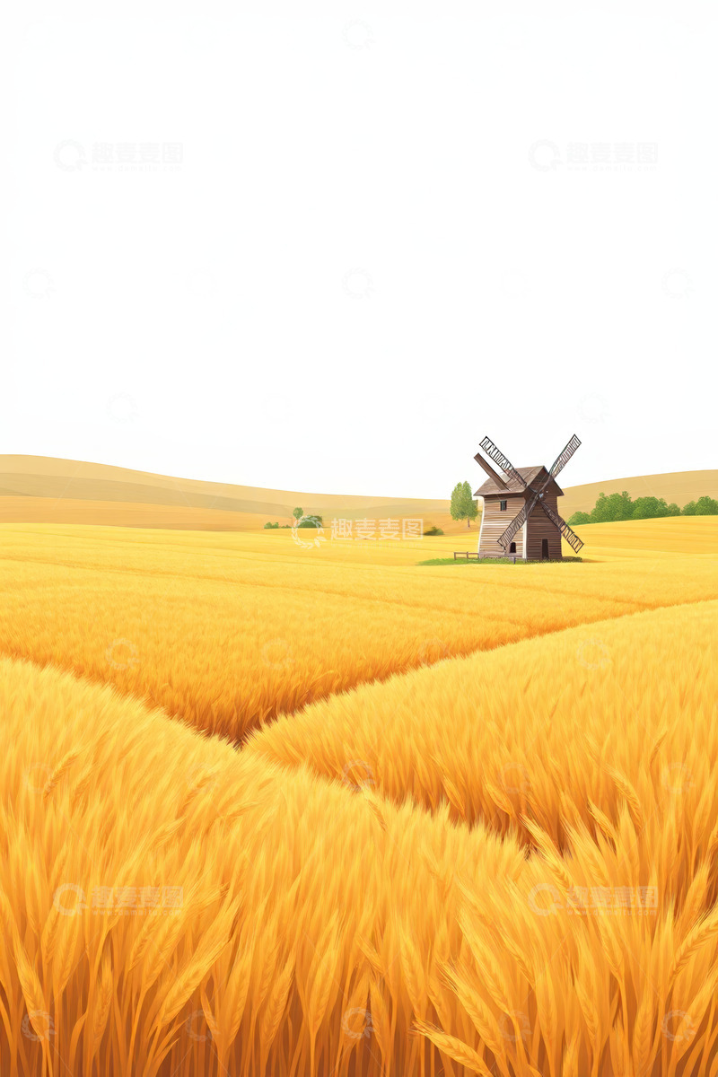 高清大图下载【趣麦麦图】金色麦田中的风车景观