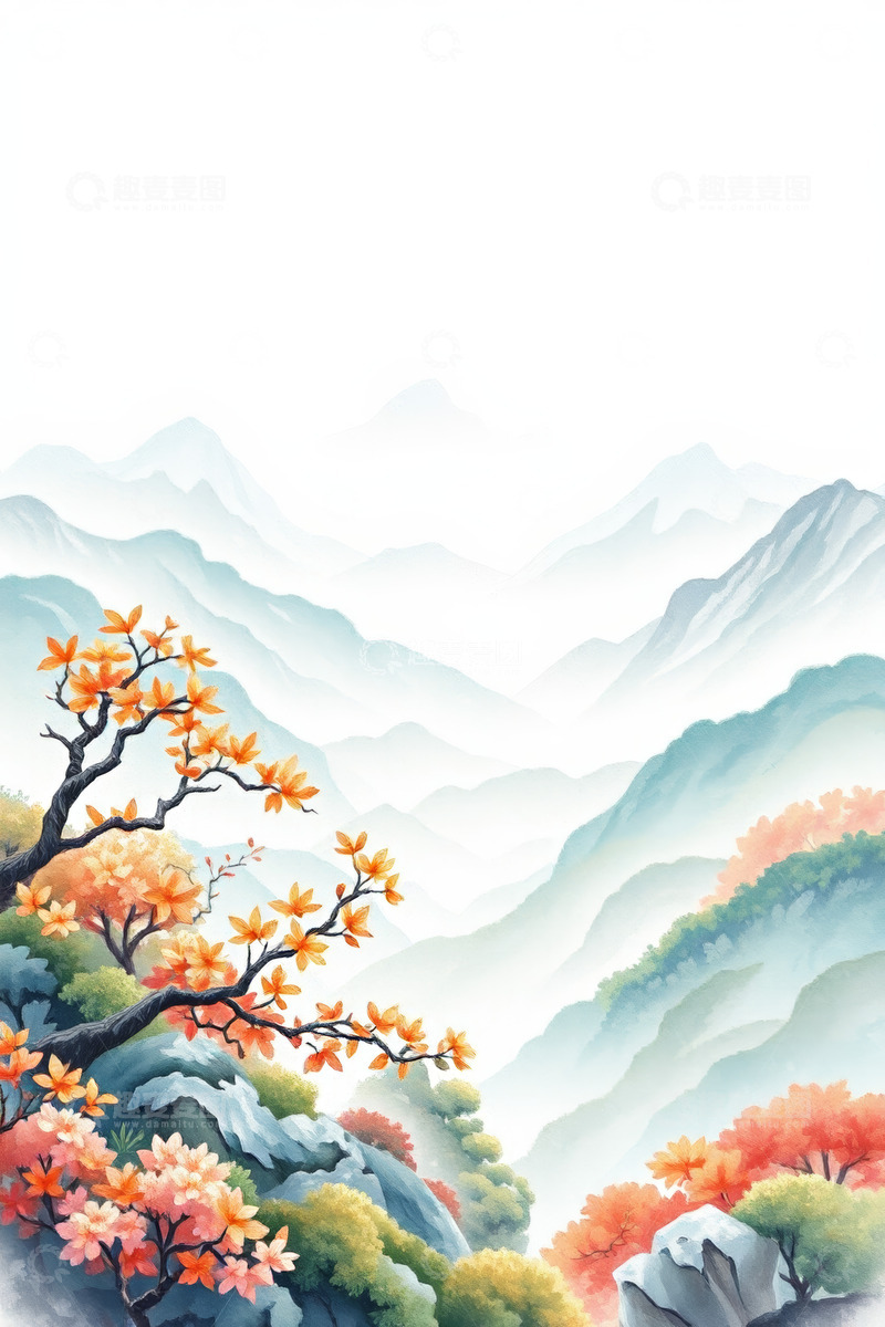 高清大图下载【趣麦麦图】山水间秋景写意插画