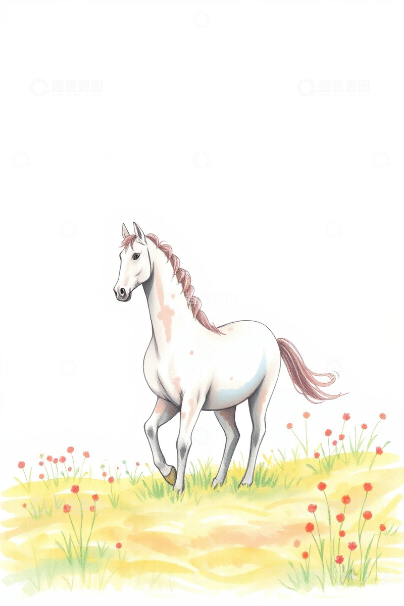 高清大图下载【趣麦麦图】草地上的白色骏马