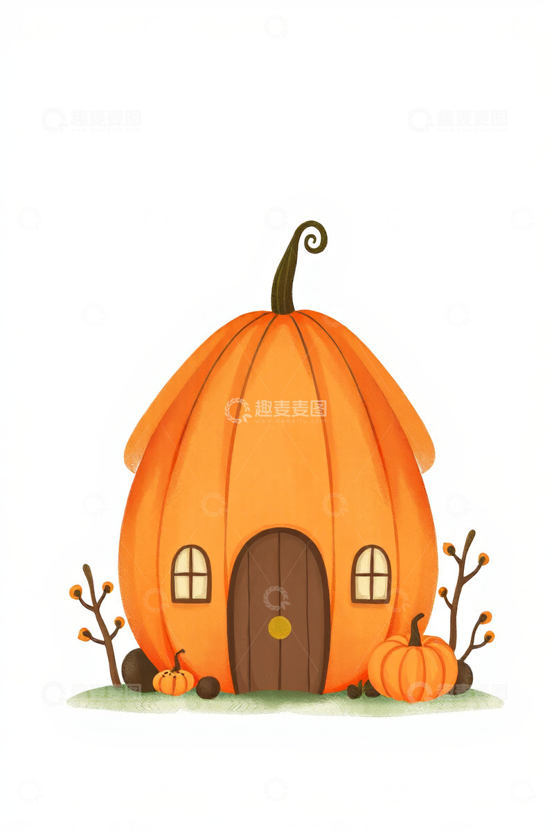 高清大图下载【趣麦麦图】卡通南瓜形状小屋插画