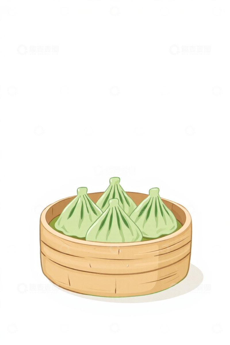 高清大图下载【趣麦麦图】竹制蒸笼中的绿色包子