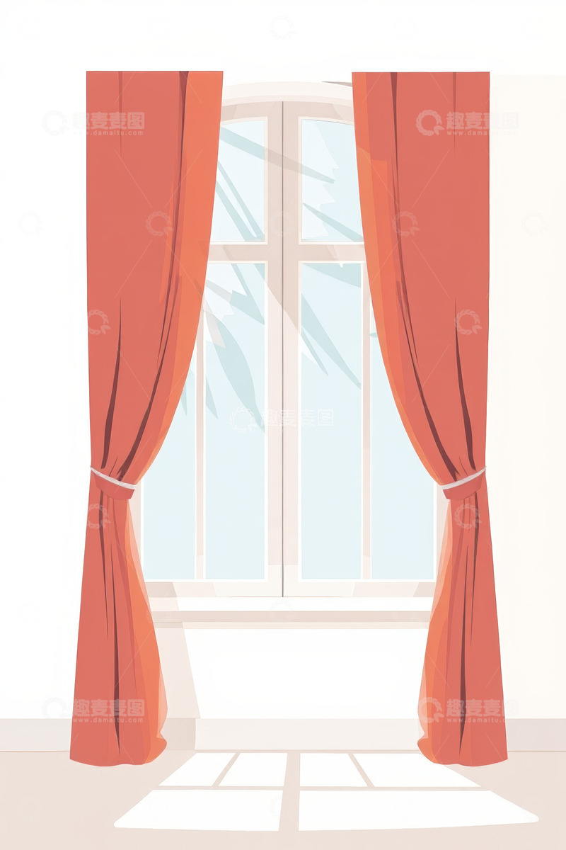 高清大图下载【趣麦麦图】室内带红色窗帘的窗户场景