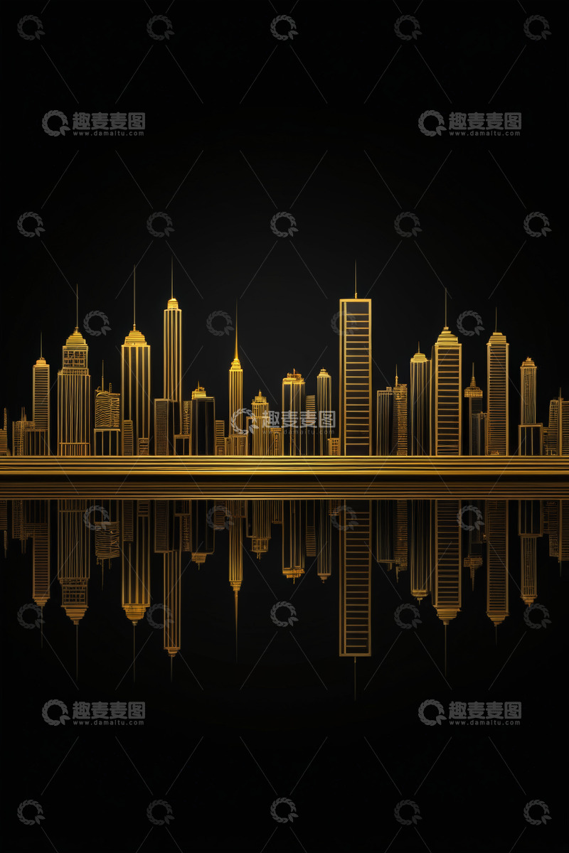 高清大图下载【趣麦麦图】金色城市建筑倒影图
