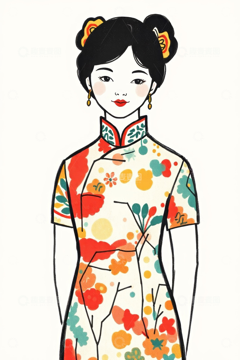 高清大图下载【趣麦麦图】穿着中式旗袍的女性插画