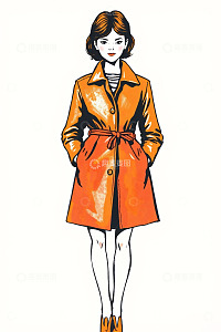 女性橙色风衣服装设计插画