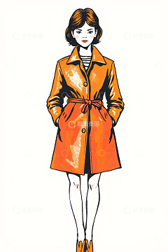 女性橙色风衣服装设计插画