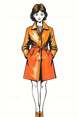 女性橙色风衣服装设计插画