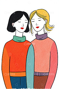 高清大图下载【趣麦麦图】两位女性靠在一起的绘画素材