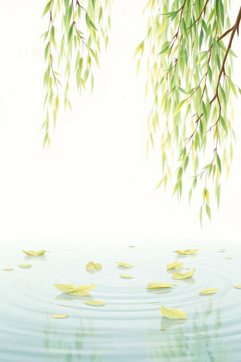 高清大图下载【趣麦麦图】垂柳枝条垂落水面插画