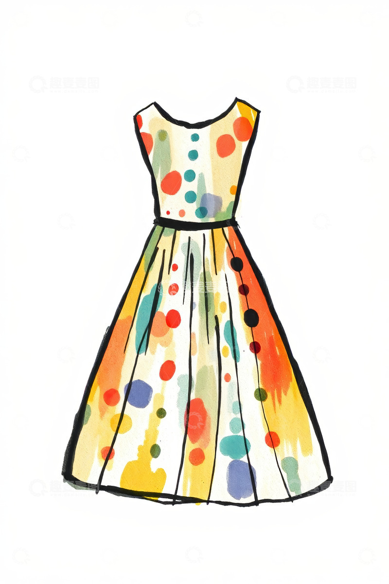 高清大图下载【趣麦麦图】彩色波点无袖连衣裙插画