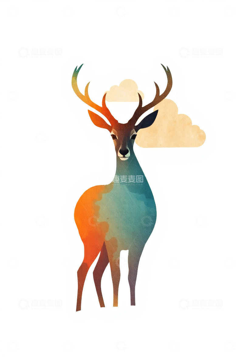 高清大图下载【趣麦麦图】彩色插画风格站立的鹿