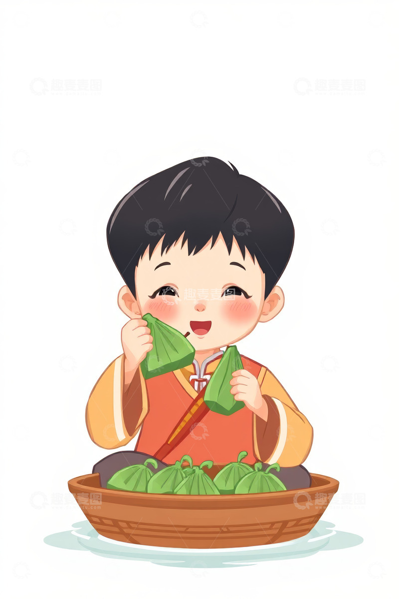 高清大图下载【趣麦麦图】小男孩手持粽子开心模样