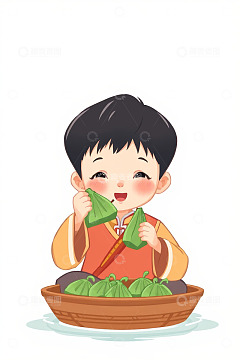 小男孩手持粽子开心模样