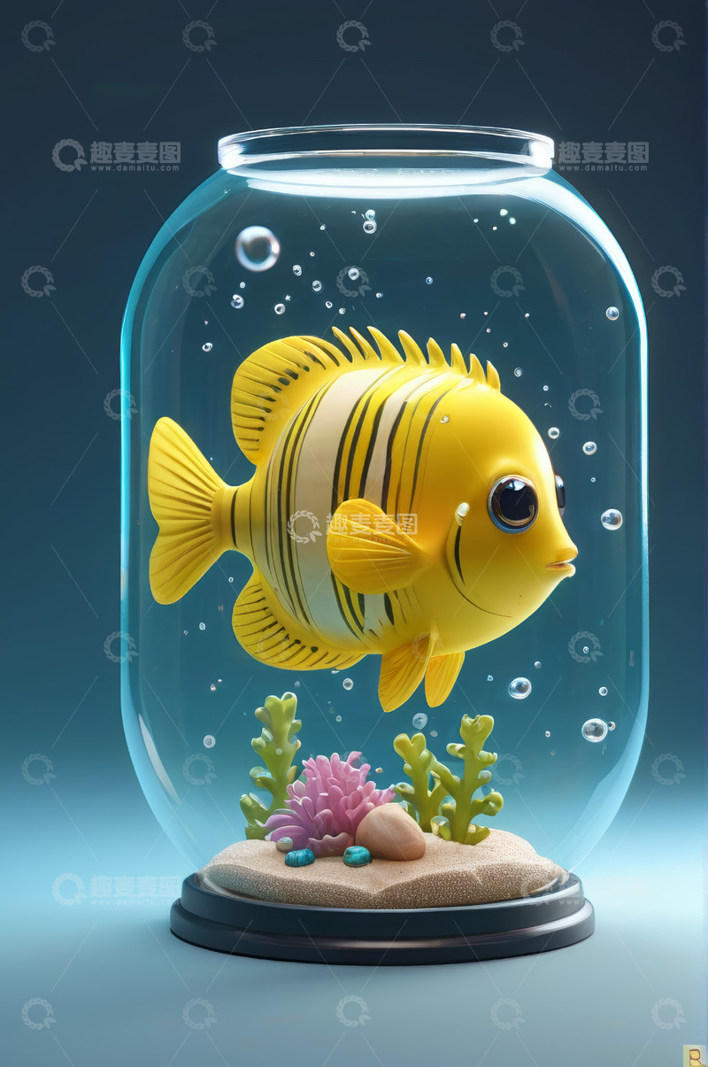 高清大图下载【趣麦麦图】玻璃鱼缸中的黄色卡通鱼