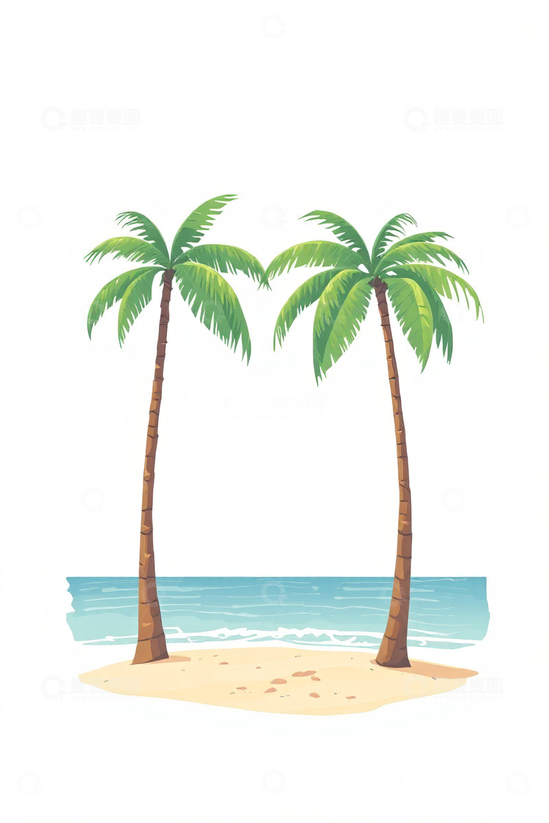 高清大图下载【趣麦麦图】海滩边的两棵椰子树插画