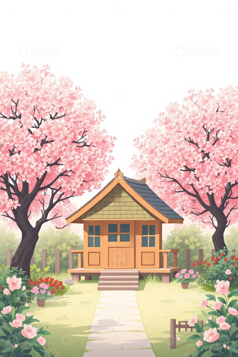 高清大图下载【趣麦麦图】樱花树下的木屋田园风光