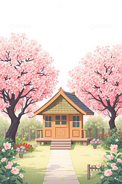 樱花树下的木屋田园风光